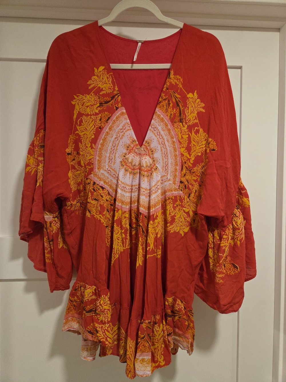 Free People Tunic Top L Red Orange Boho Paisley Deep V Oversized Flowy Festival